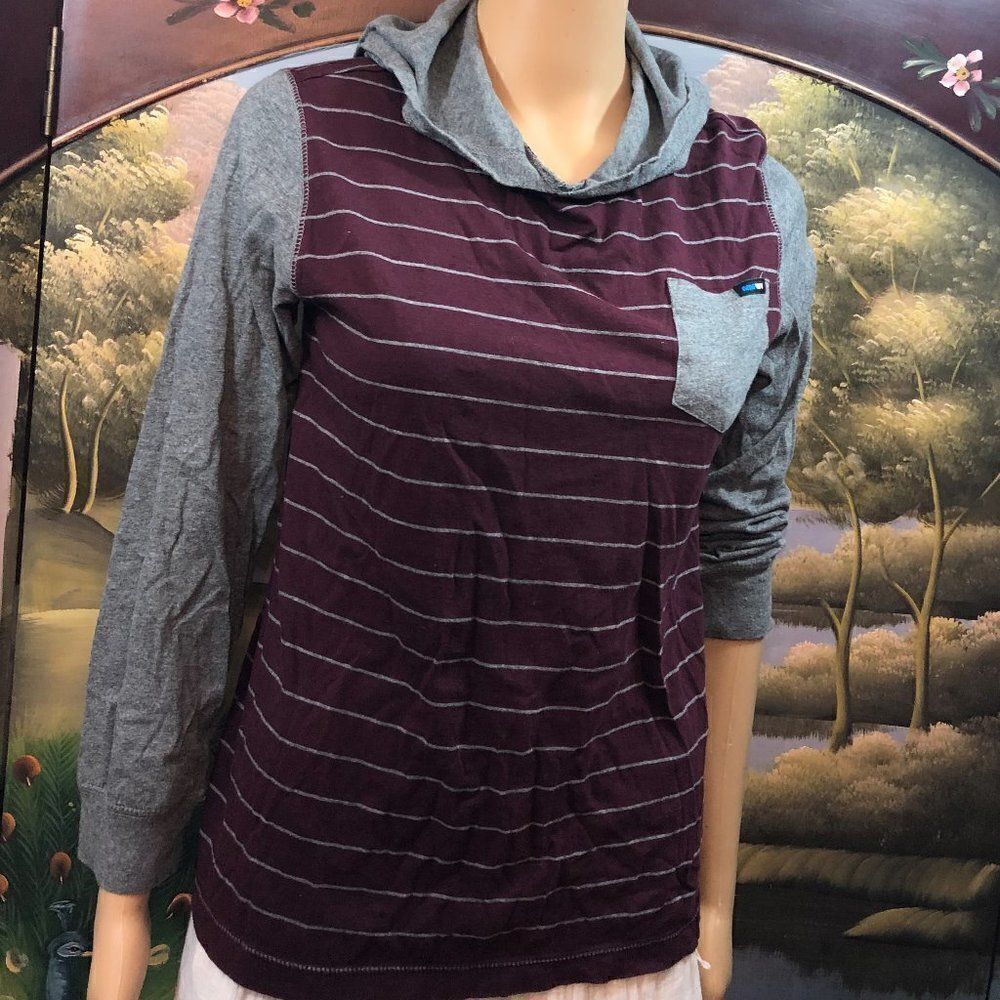Boys Maroon and Grey L/S Striped Tee w/ Hood Sz. M